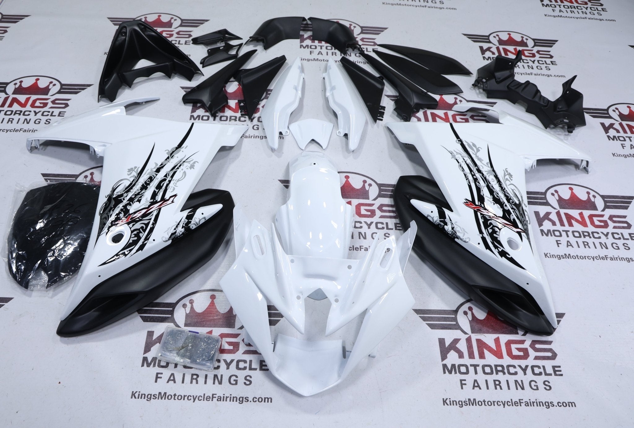 Yamaha FZ6R Fairings (2009-2015) White, Black Tribal at KingsMotorcycleFairings.com
