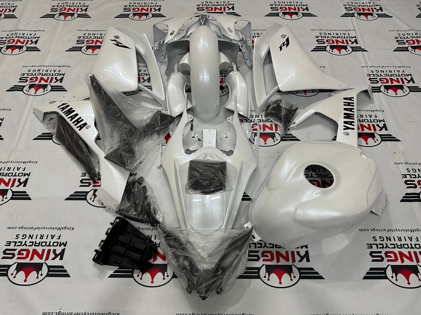 Yamaha R1 Fairing Kit (2007-2008) Pearlescent White, Black at KingsMotorcycleFairings.com