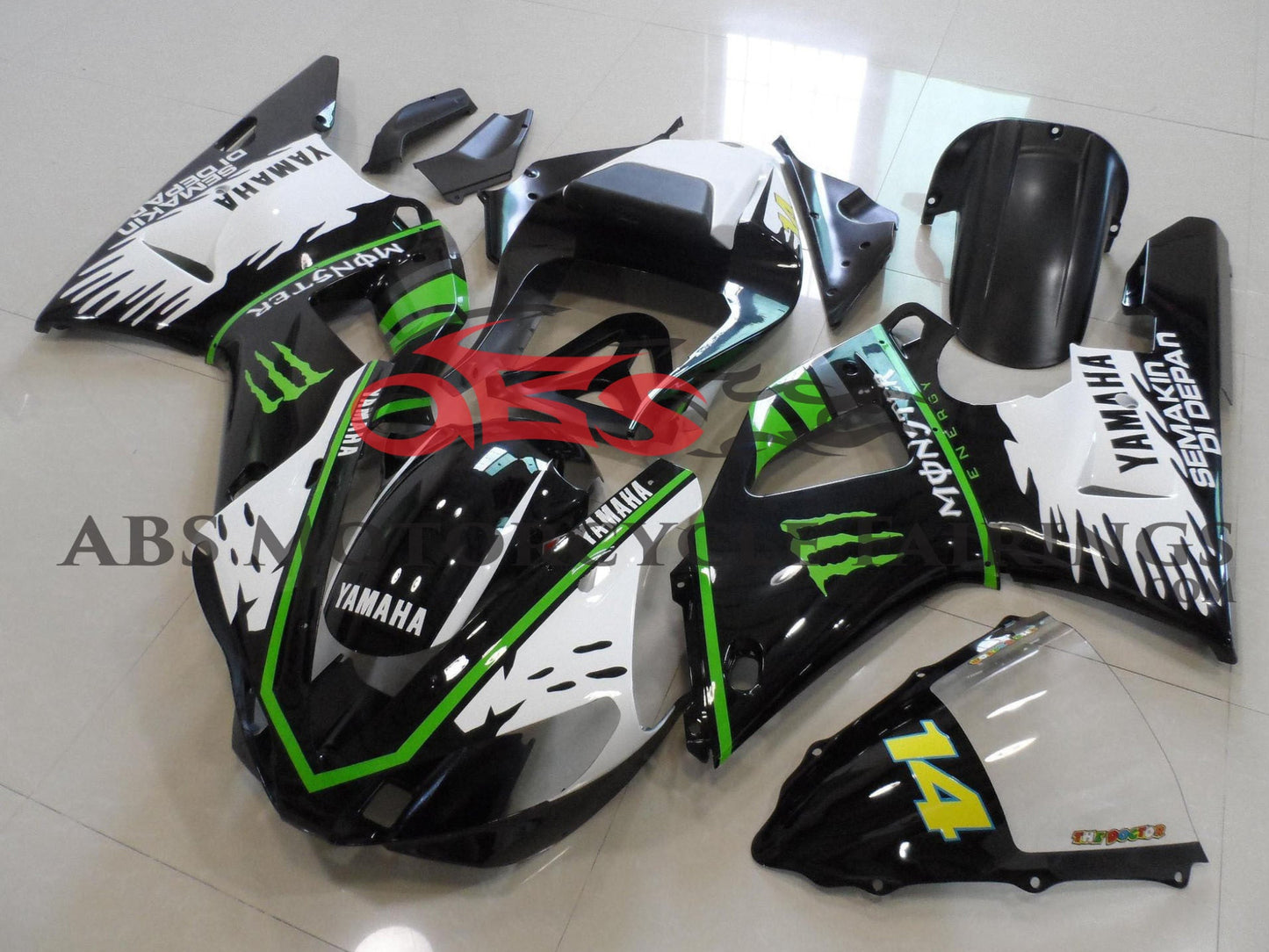 Yamaha R1 Fairings (2000-2001) Black, White Monster 14 at KingsMotorcycleFairings.com