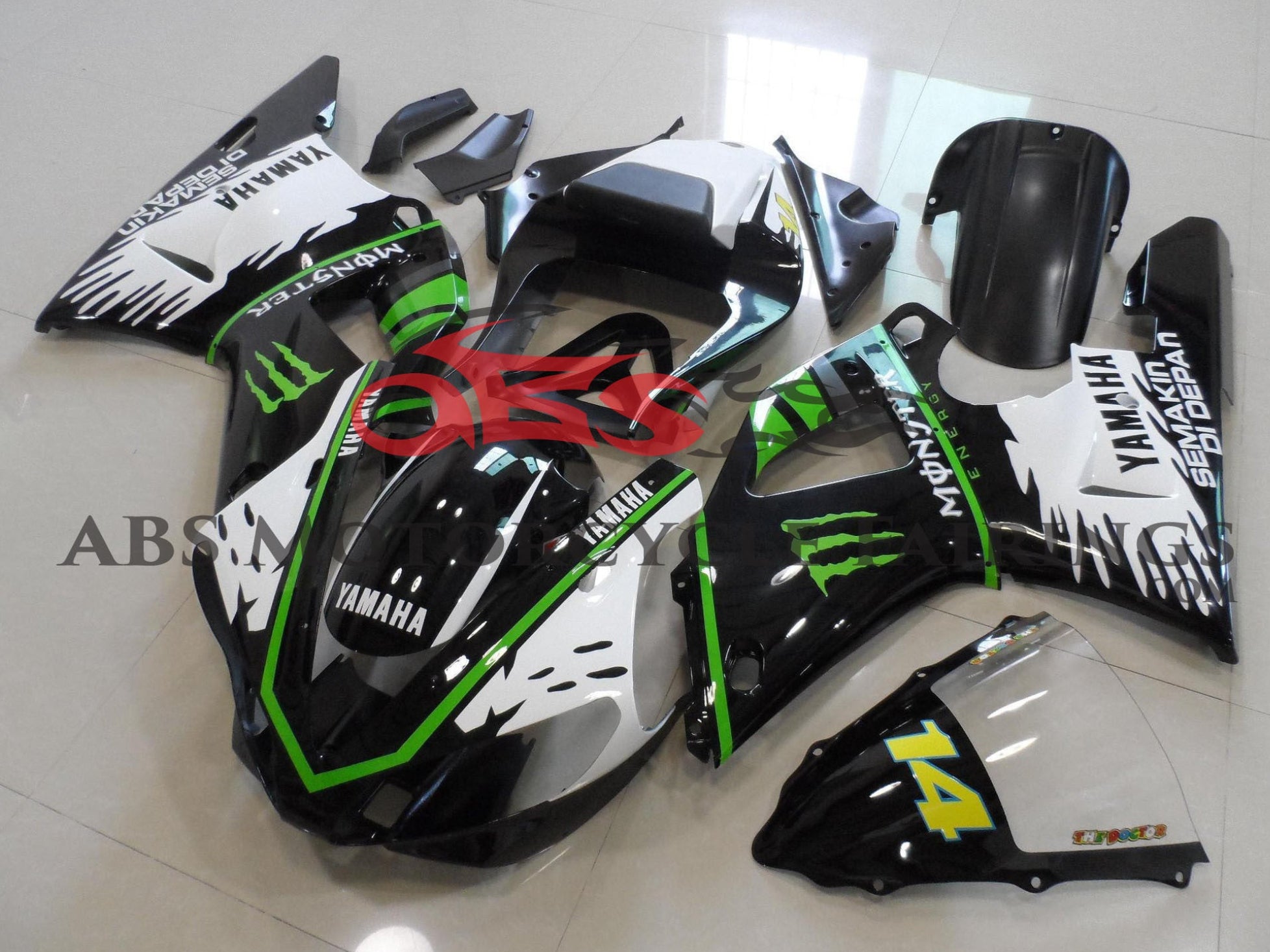 Yamaha R1 Fairings (2000-2001) Black, White Monster 14 at KingsMotorcycleFairings.com