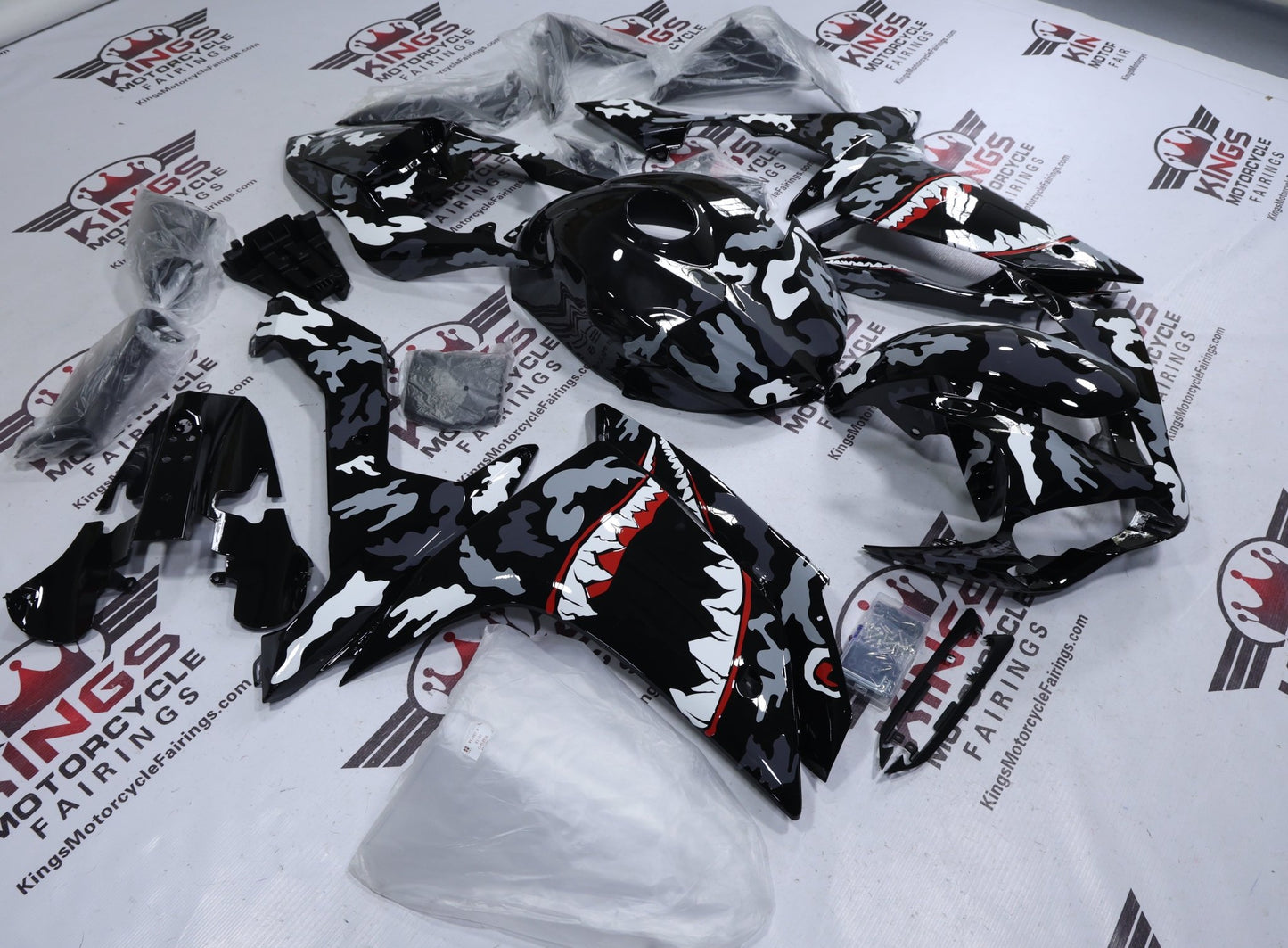 Yamaha R1 Fairings (2007-2008) Black, Gray Camouflage Shark at KingsMotorcycleFairings.com