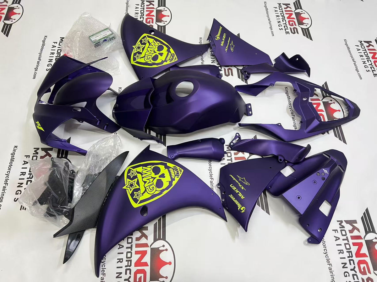 Yamaha R1 Fairings (2012-2014) Matte Purple, Neon Yellow Skull at KingsMotorcycleFairings.com