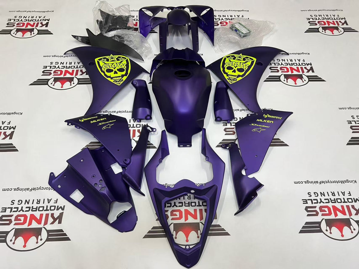 Yamaha R1 Fairings (2012-2014) Matte Purple, Neon Yellow Skull from KingsMotorcycleFairings.com