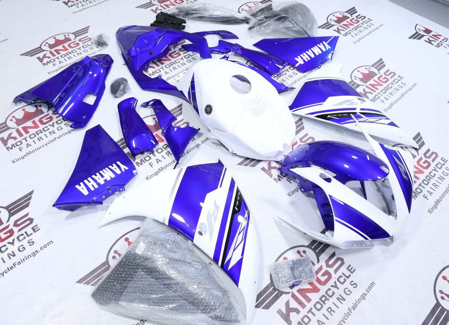 Yamaha R1 Fairings (2012-2014) White, Blue Stripe at KingsMotorcycleFairings.com