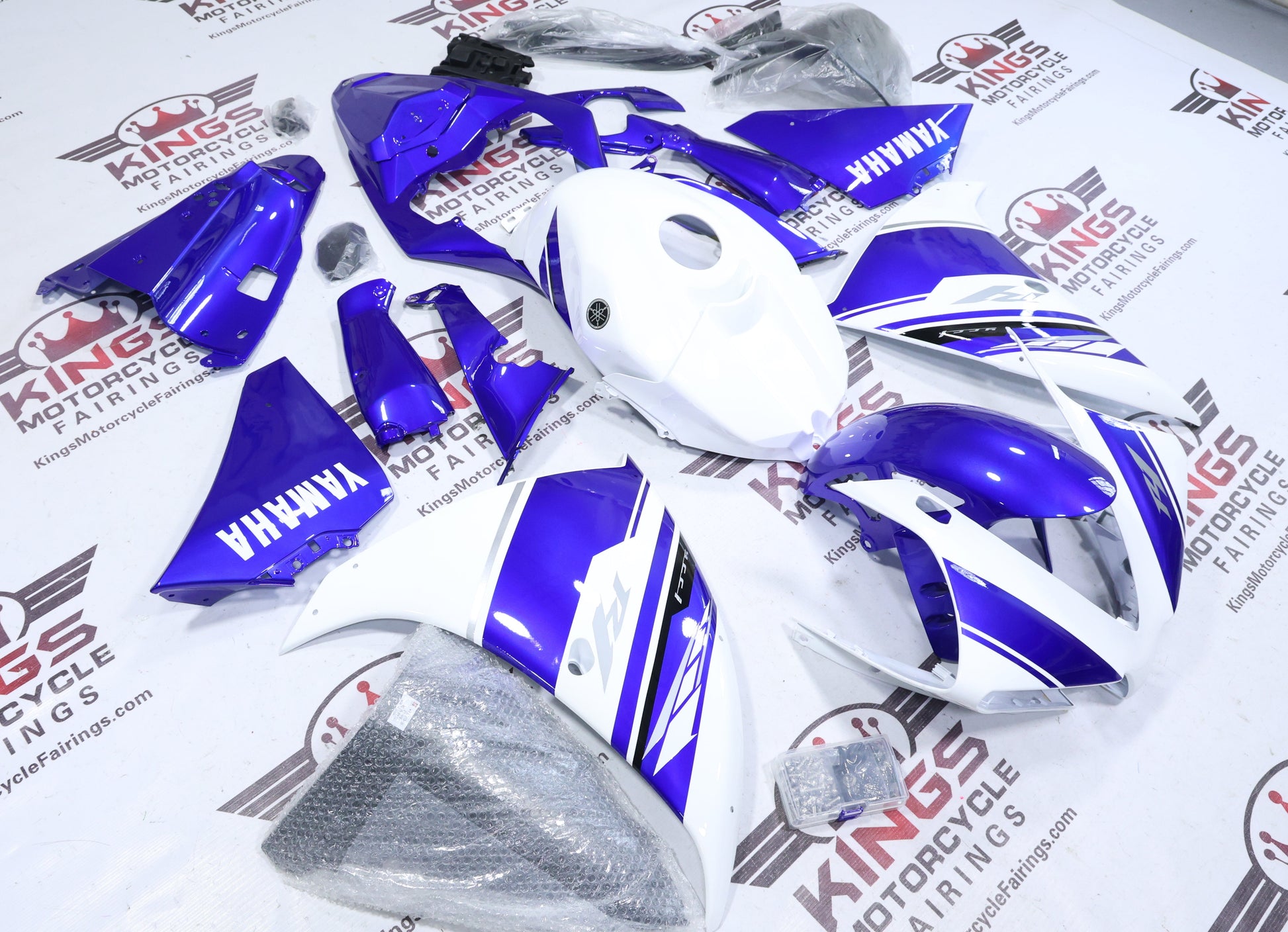 Yamaha R1 Fairings (2012-2014) White, Blue Stripe at KingsMotorcycleFairings.com