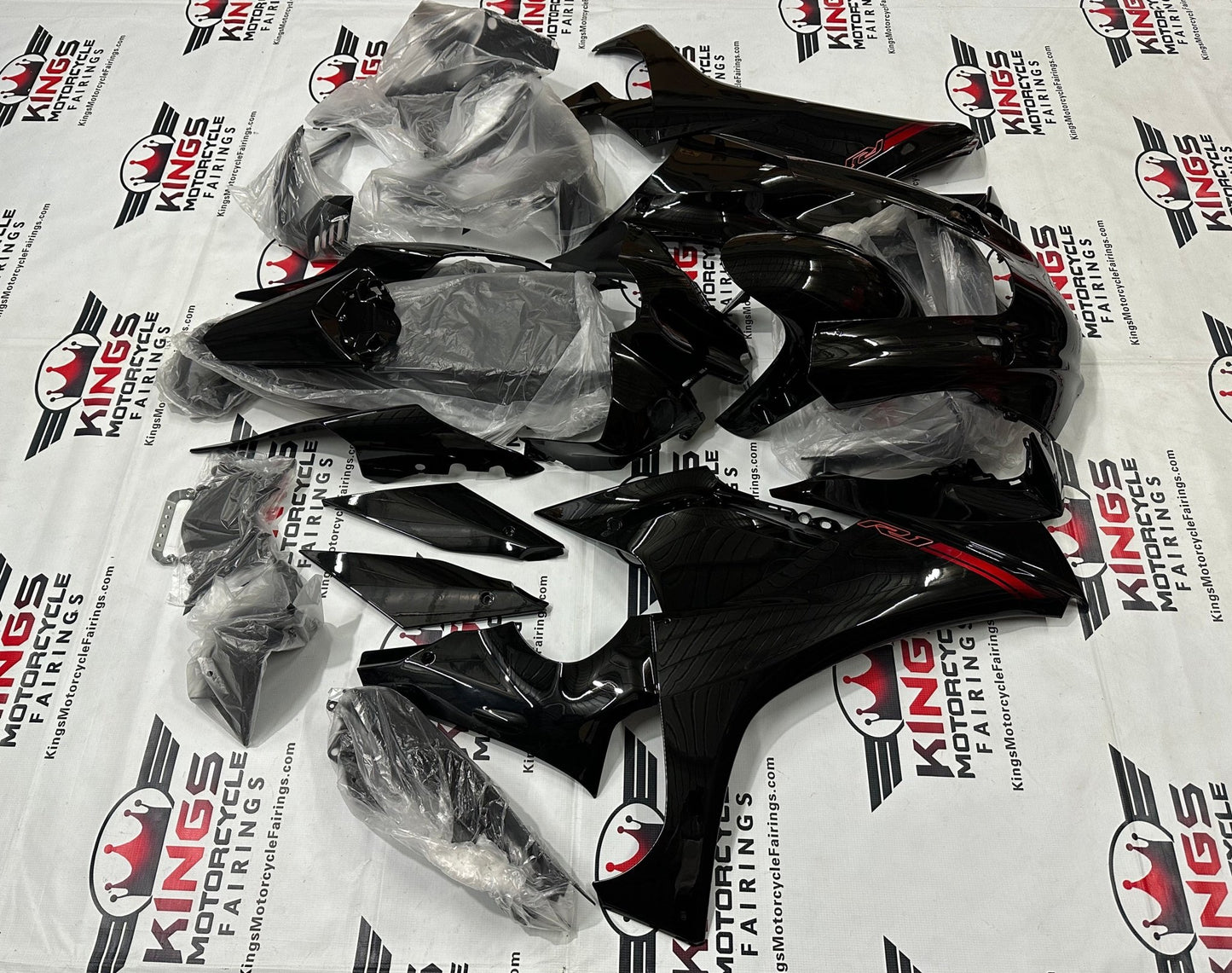 Yamaha R1 Fairings (2020-2025) Black, Red Stripe at KingsMotorcycleFairings.com