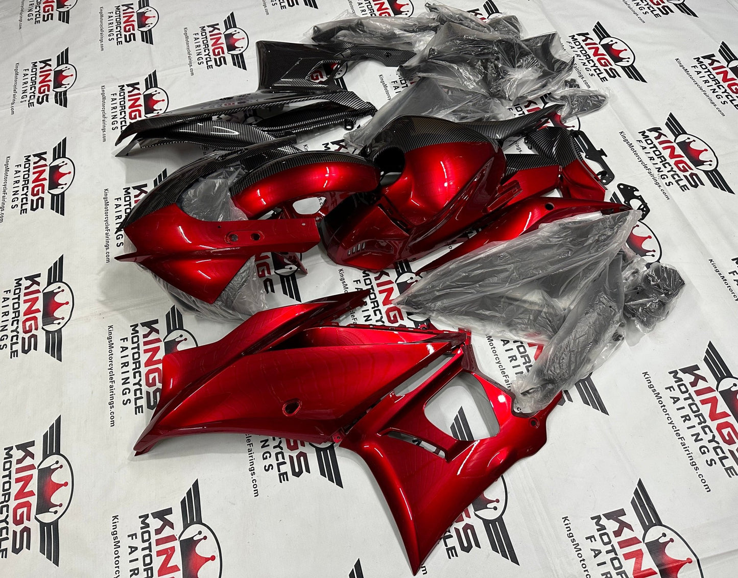 Yamaha R3 Fairing Kit (2022-2024) Faux Carbon Fiber, Candy Red Split at KingsMotorcycleFairings.com