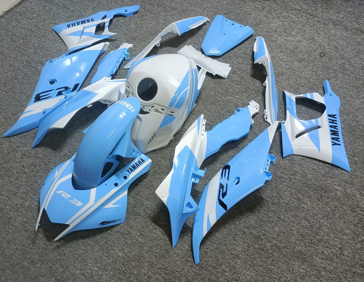 Yamaha R3 Fairing Kit (2022-2024) Light Blue, White from KingsMotorcycleFairings.com