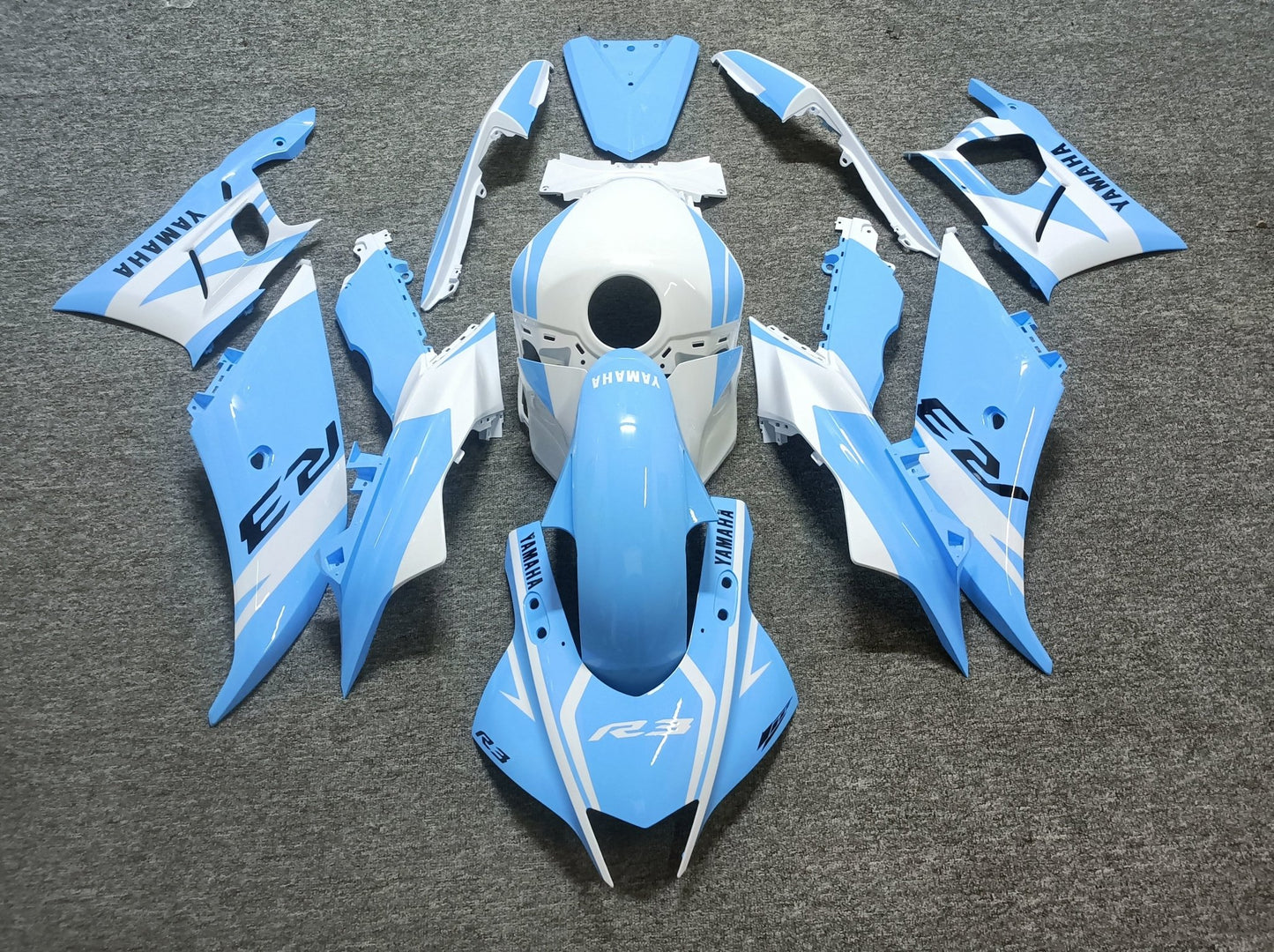 Yamaha R3 Fairing Kit (2022-2024) White, Light Blue at KingsMotorcycleFairings.com