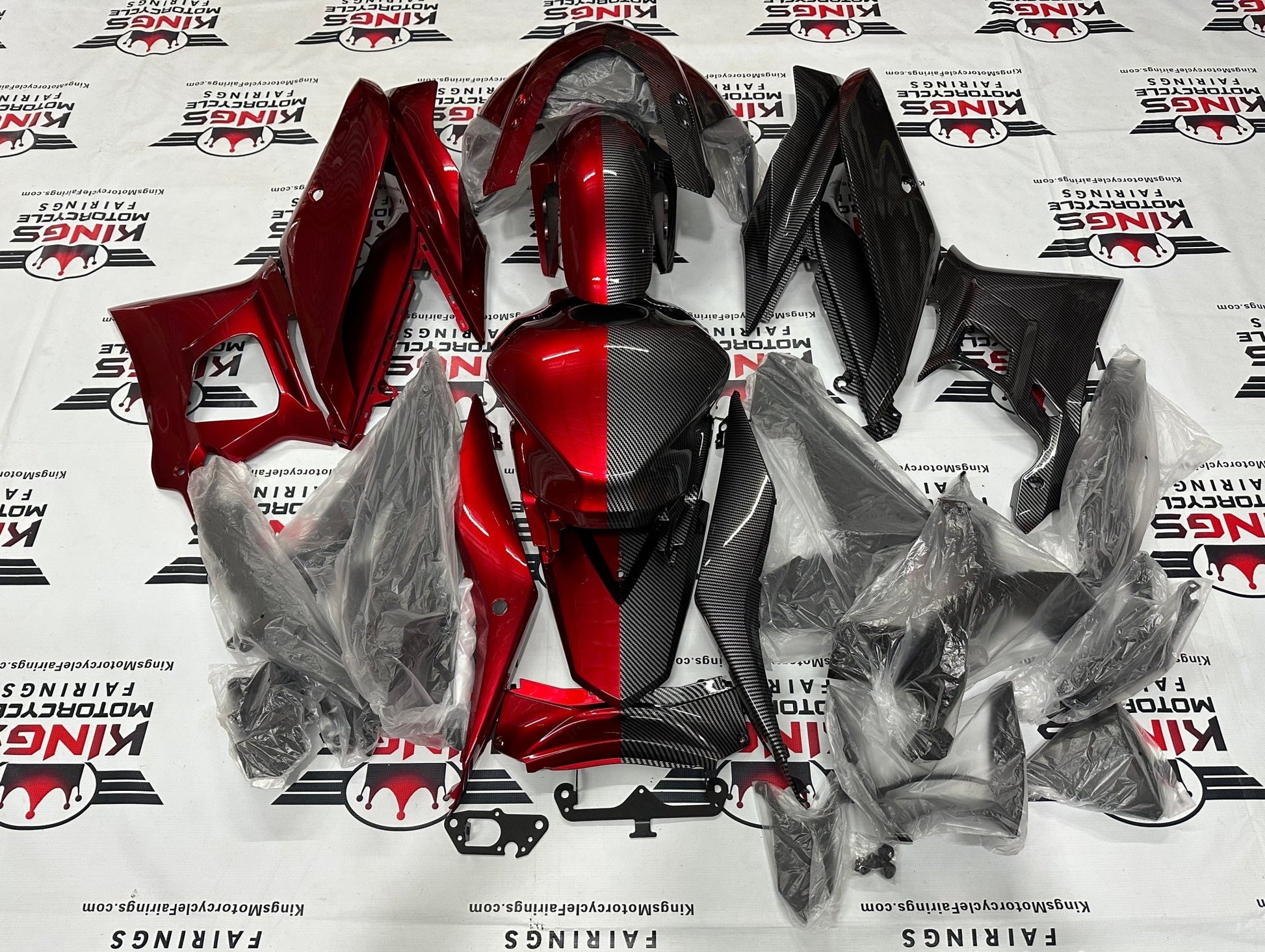 Yamaha R3 Fairing Set (2022-2024) Faux Carbon Fiber, Candy Red Split at KingsMotorcycleFairings.com