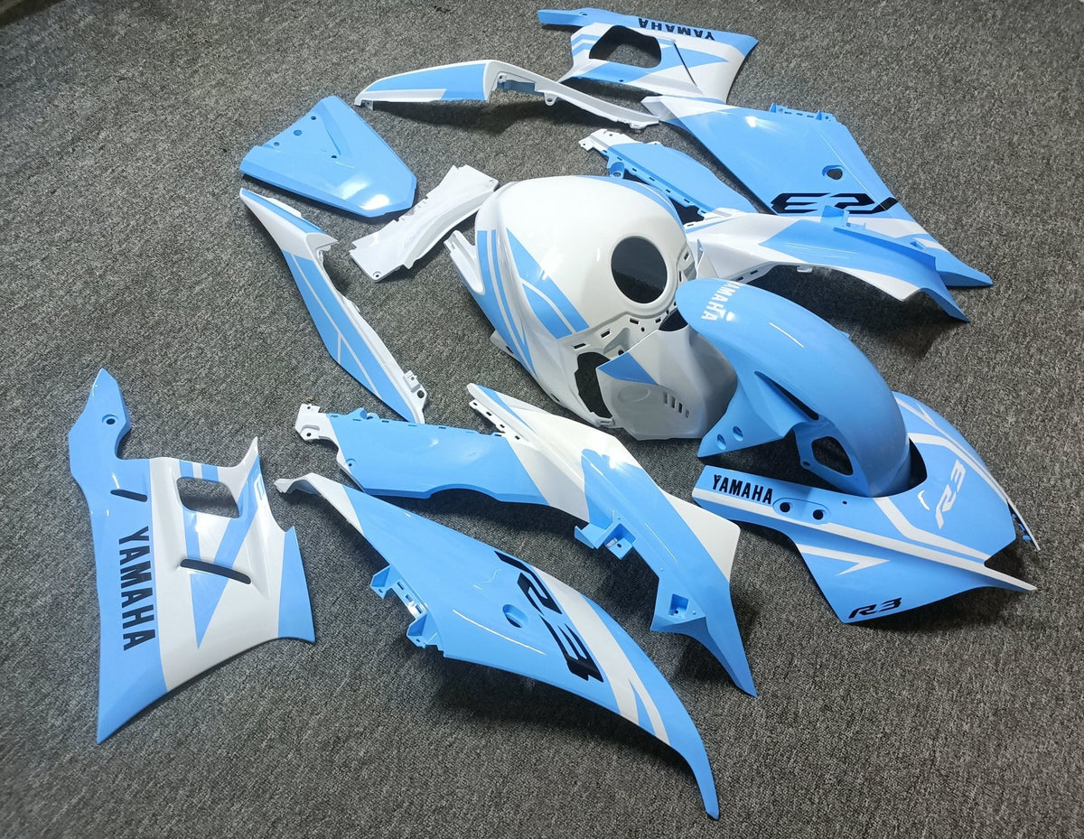 Yamaha R3 Fairing Set (2022-2024) Light Blue, White at KingsMotorcycleFairings.com