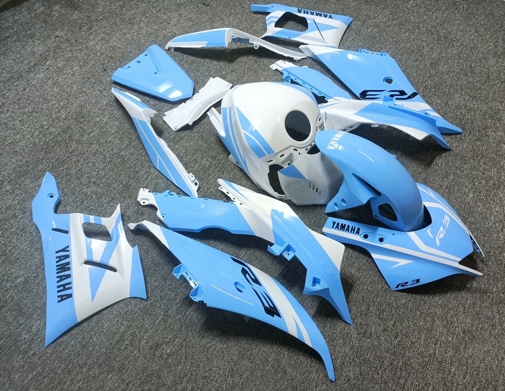 Yamaha R3 Fairing Set (2022-2024) White, Light Blue at KingsMotorcycleFairings.com