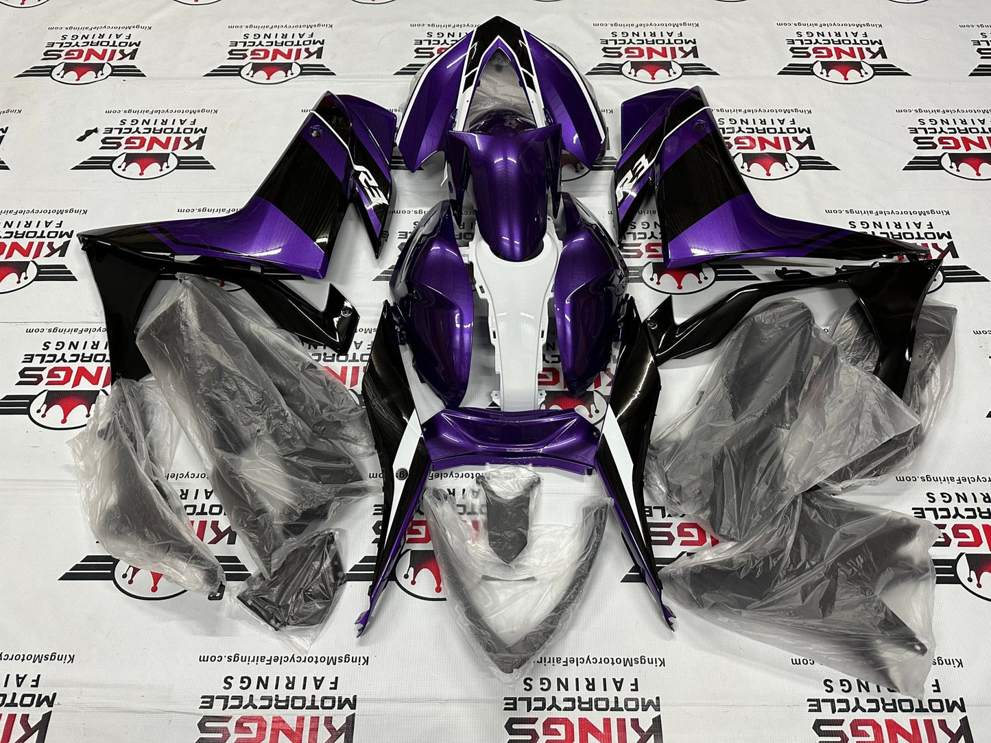 Yamaha R3 Fairings (2015-2018) Purple, Black, White Stripe at KingsMotorcycleFairings.com