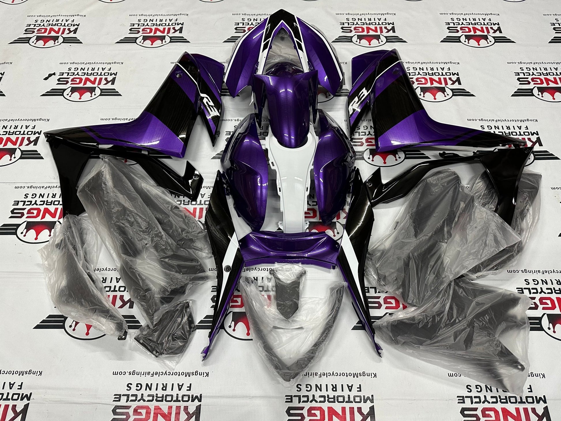 Yamaha R3 Fairings (2015-2018) Purple, Black, White Stripe at KingsMotorcycleFairings.com
