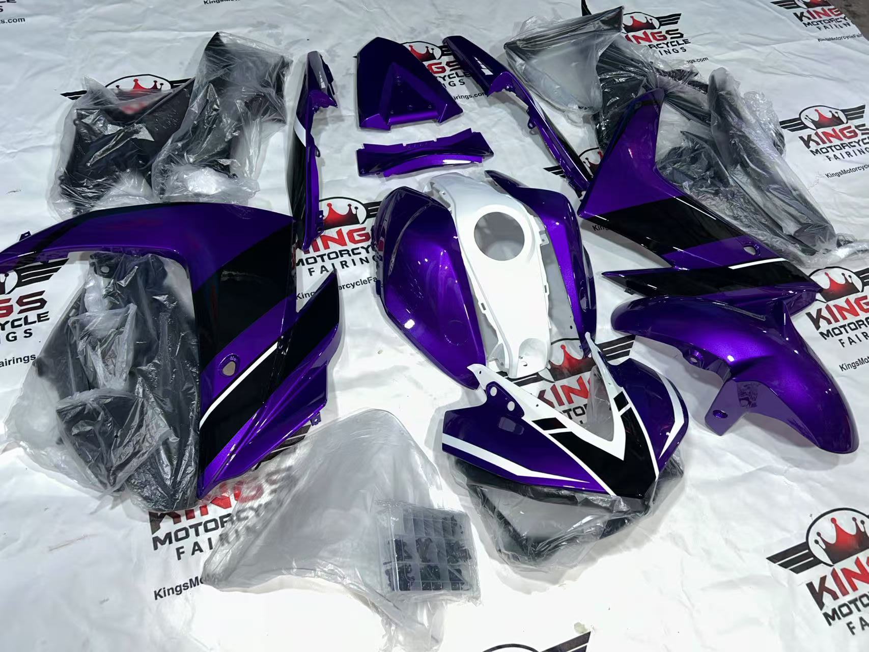 Yamaha YZF-R3 Fairings (2015-2018) Purple, White, Black from KingsMotorcycleFairings.com