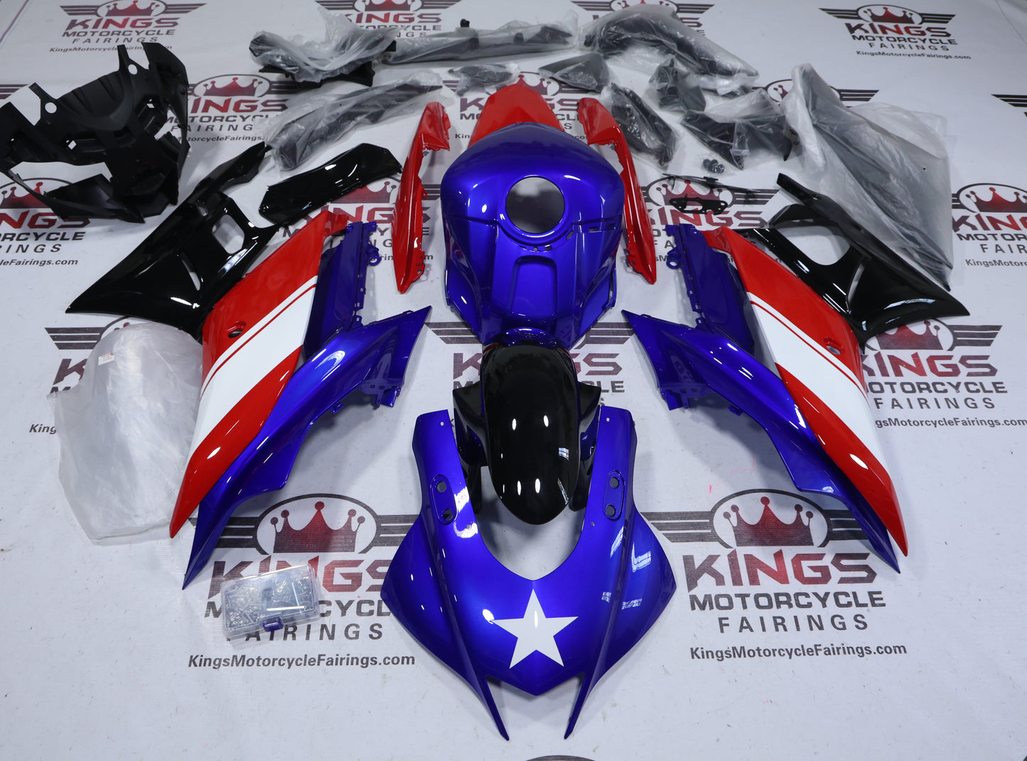 Yamaha R3 Fairings (2019-2021) Blue, Red, Black, White Star at KingsMotorcycleFairings.com