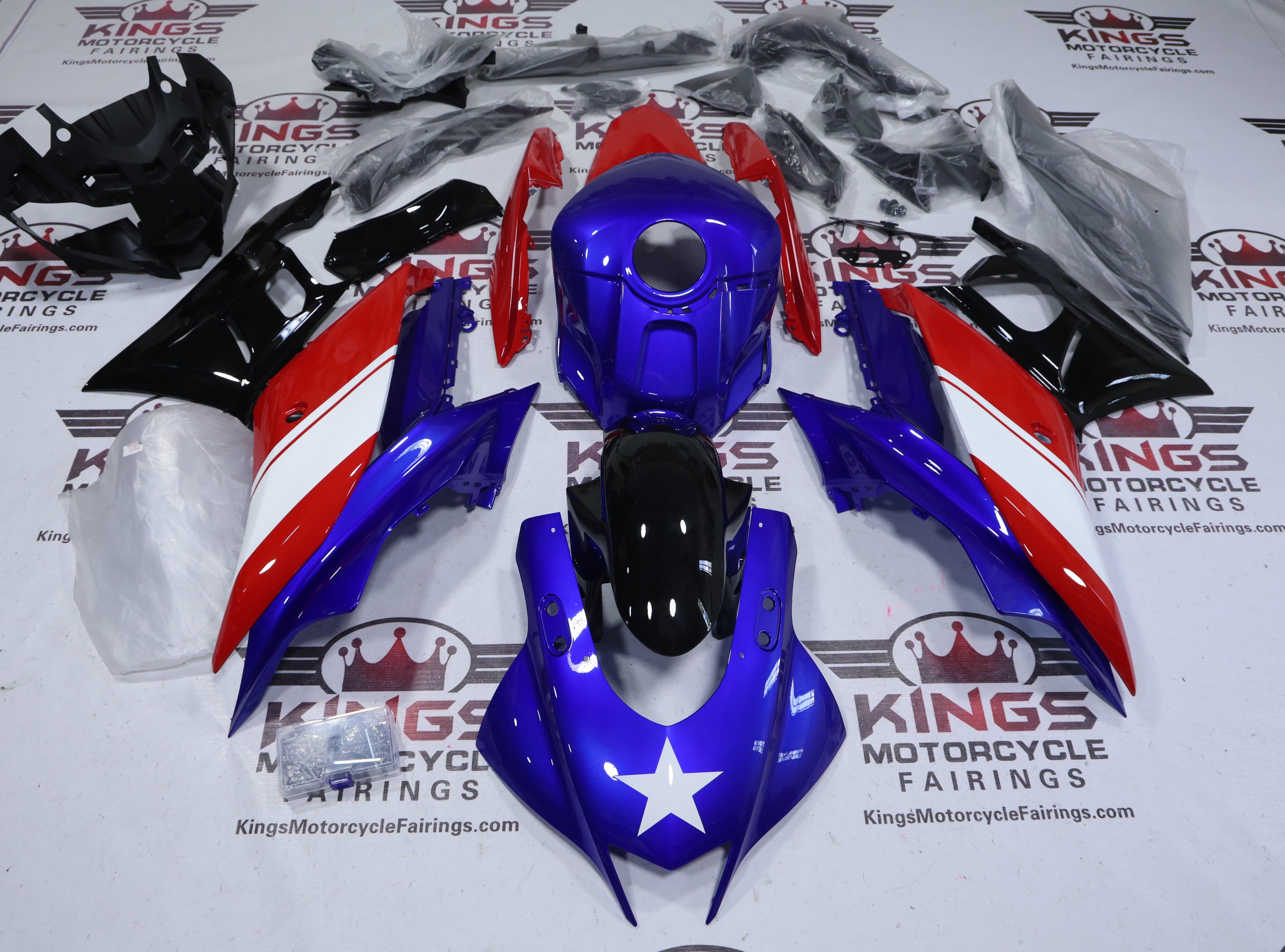 Yamaha R3 Fairings (2019-2021) Blue, Red, Black, White Star at KingsMotorcycleFairings.com