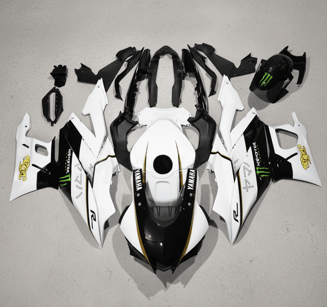 Yamaha YZF-R3 Fairings (2022-2024) White, Black, Gold Monster at KingsMotorcycleFairings.com