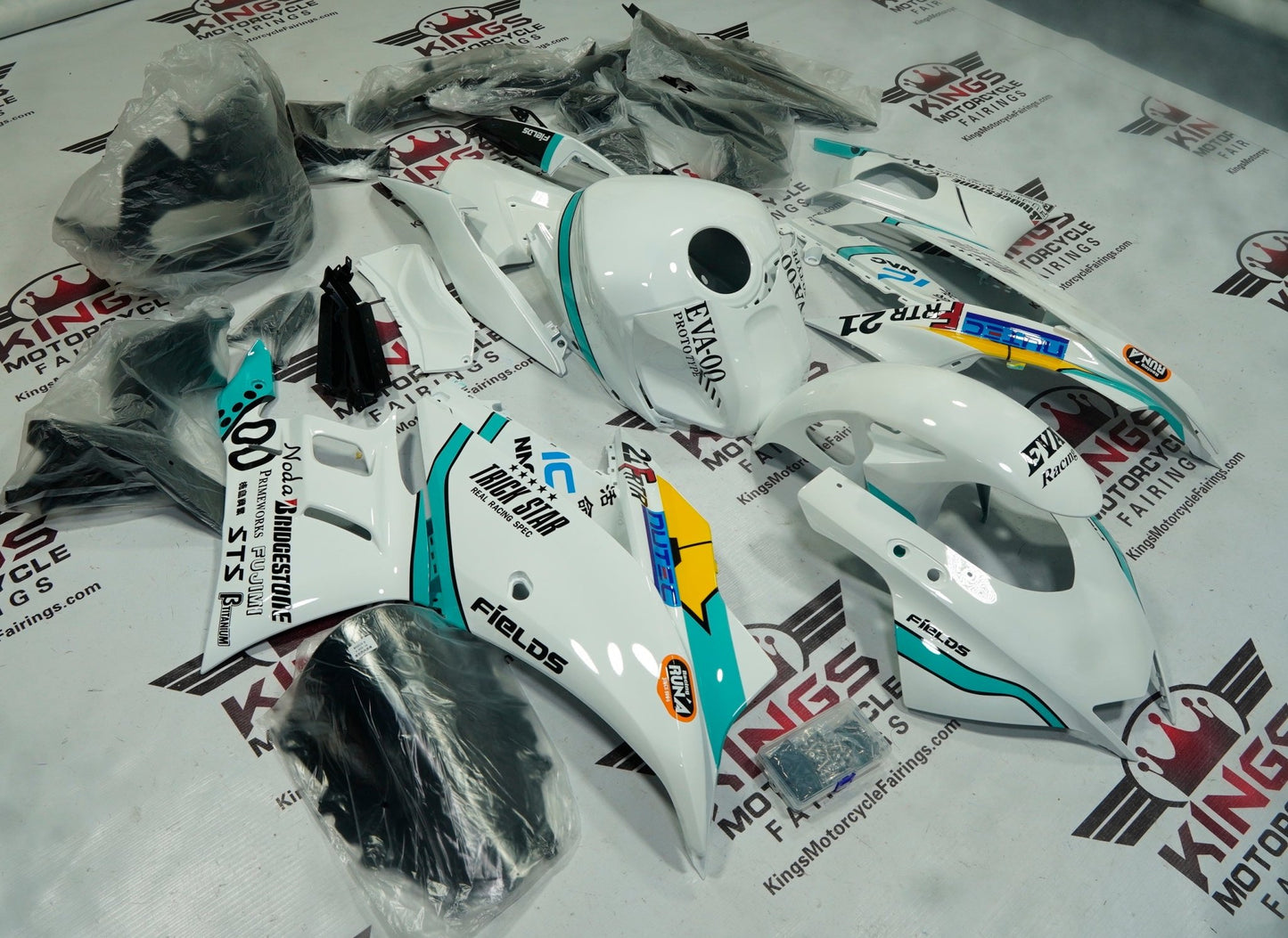 Yamaha R3 Fairings (2019-2021) White, Blue Eva at KingsMotorcycleFairings.com