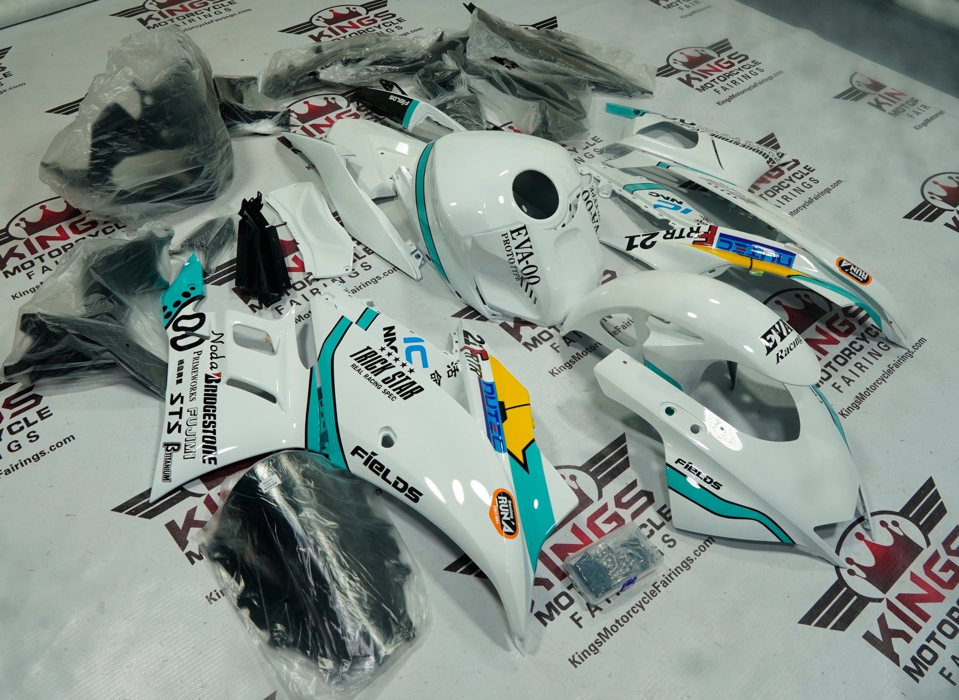 Yamaha R3 Fairings (2019-2021) White, Blue Eva at KingsMotorcycleFairings.com