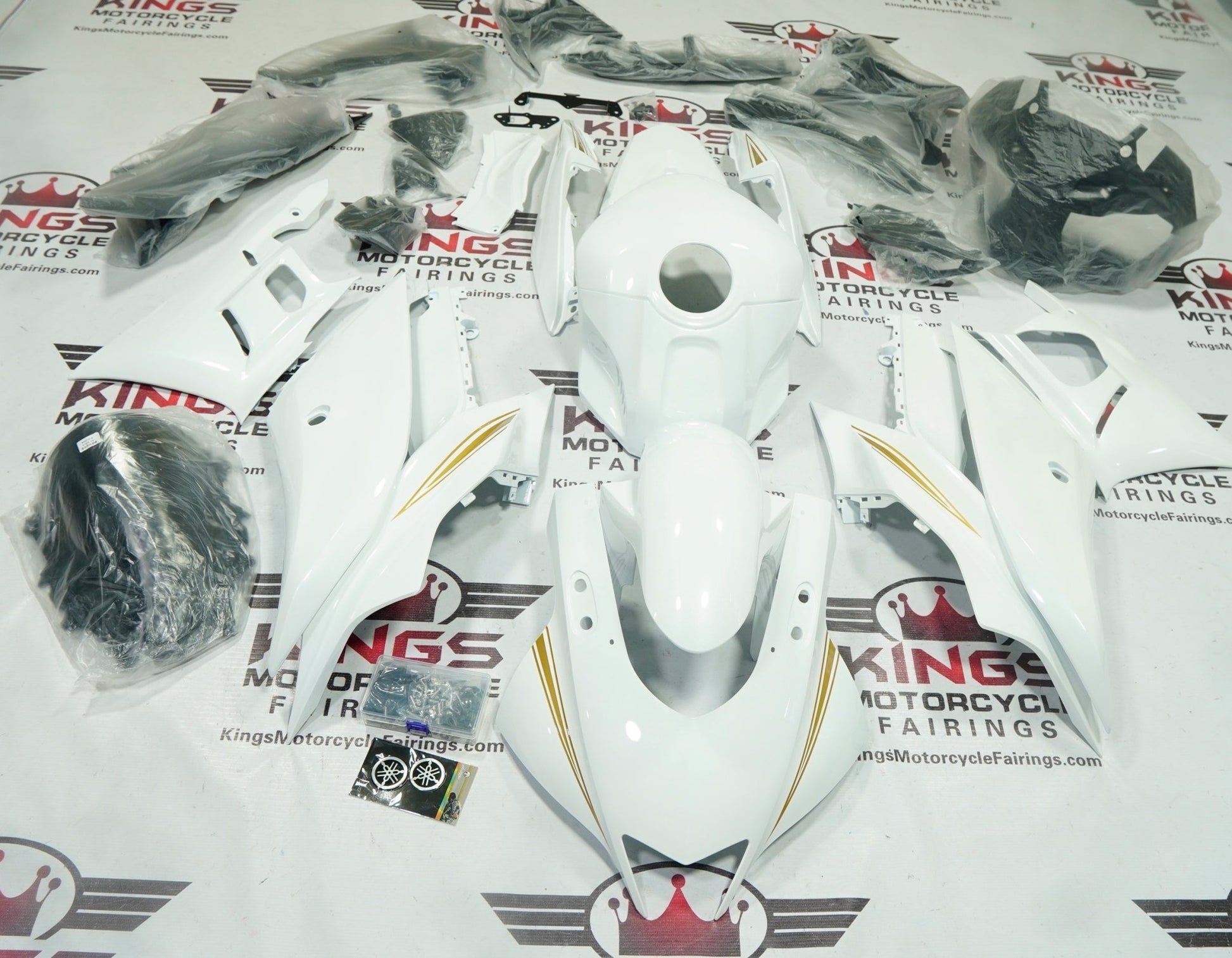 Yamaha R3 Fairings (2019-2021) White, Gold at KingsMotorcycleFairings.com