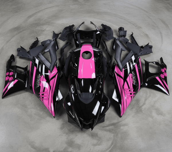 Yamaha R3 Fairings (2022-2024) Black, Hot Pink Monster at KingsMotorcycleFairings.com