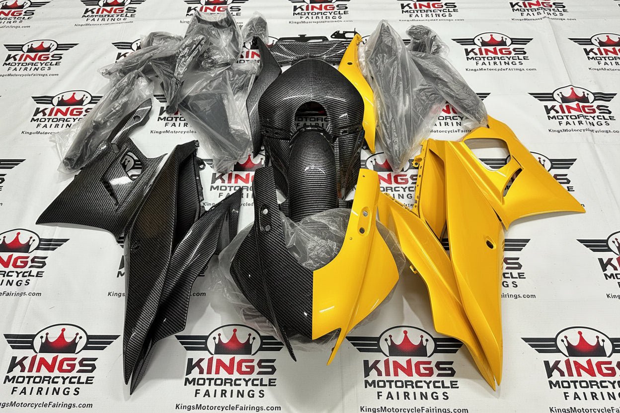 Yamaha R3 Fairings (2022-2024) Faux Carbon Fiber, Yellow Split at KingsMotorcycleFairings.com
