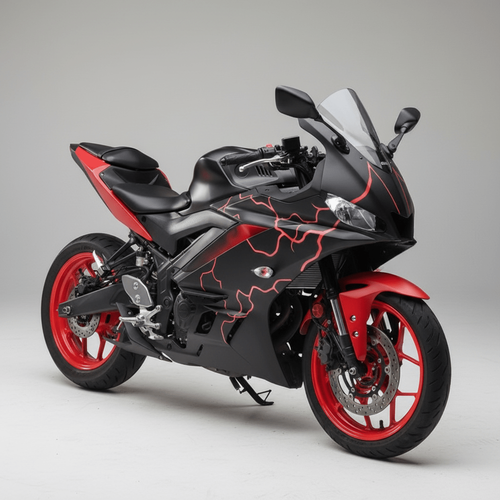Yamaha R3 Fairings (2022-2024) Matte Black, Red Lightning at KingsMotorcycleFairings.com