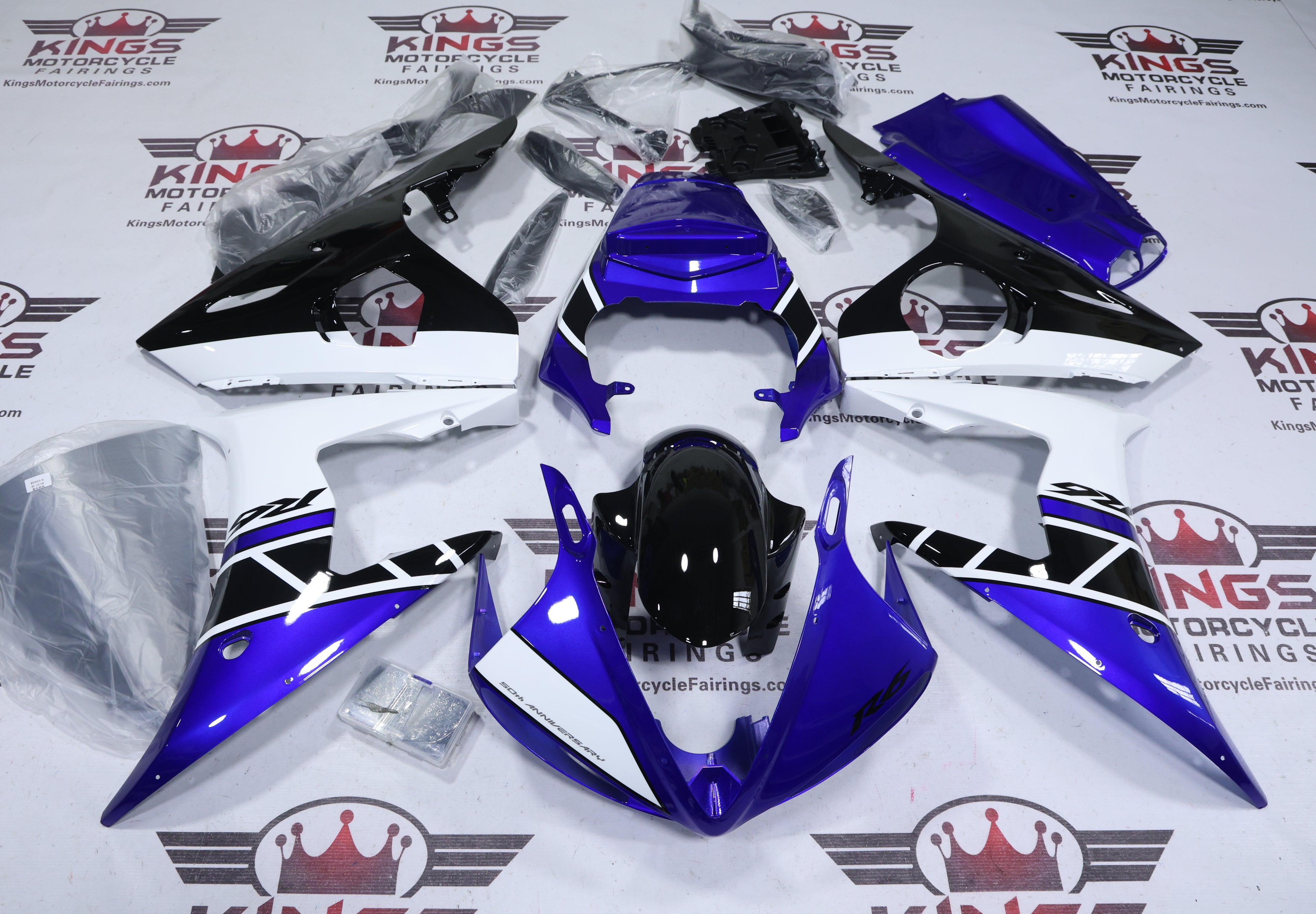 Yamaha R6 Fairing Kit (2005) Blue, Black, White Stripe at KingsMotorcycleFairings.com