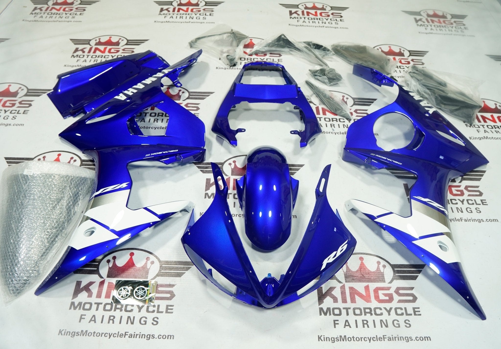 Yamaha R6 Fairing Set (2003-2004) Blue, White, Silver at KingsMotorcycleFairings.com