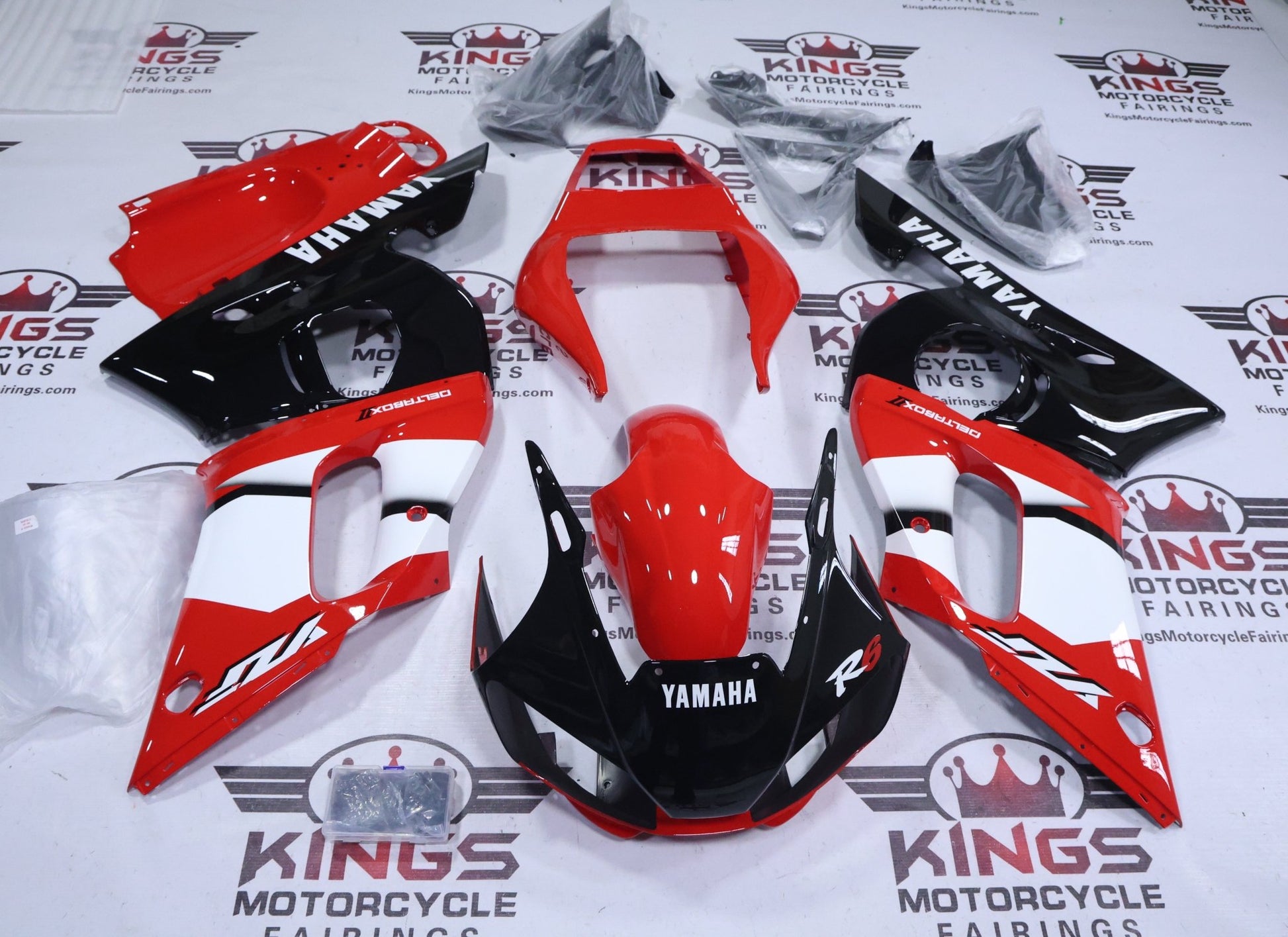 Yamaha R6 Fairings (1998-2002) Red, White, Black Deltabox at KingsMotorcycleFairings.com