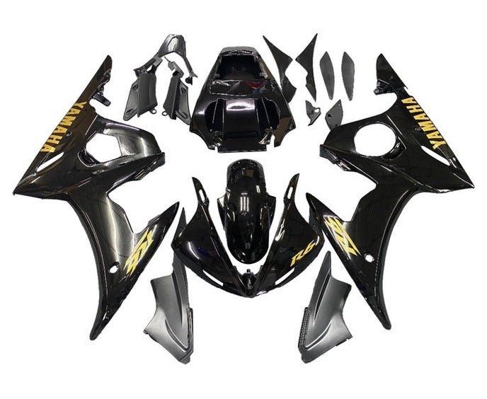 Yamaha R6 Fairings (2005) Black, Gold at KingsMotorcycleFairings.com
