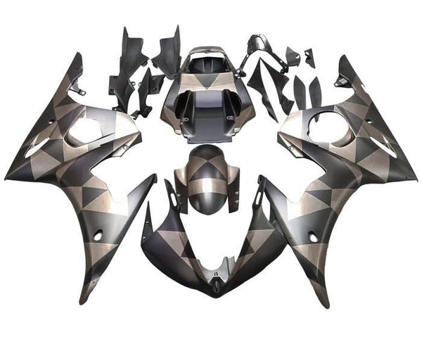 Yamaha R6 Fairings (2005) Matte Black, Matte Gray Camo Geometrics at KingsMotorcycleFairings.com