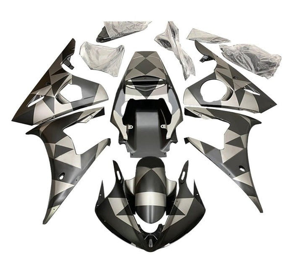 Yamaha R6 Fairings (2005) Matte Black, Matte Silver, Geometrics at KingsMotorcycleFairings.com