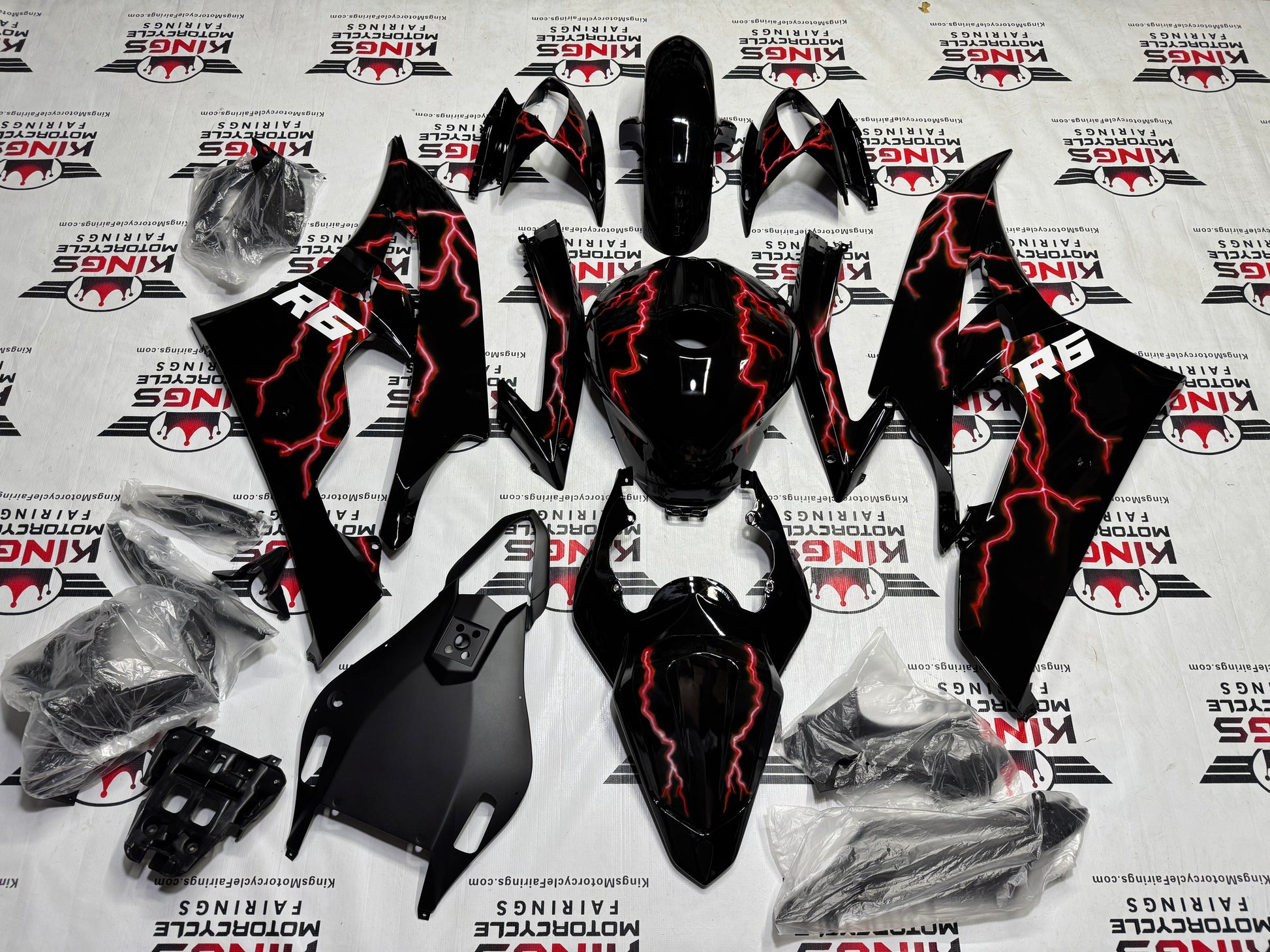 Yamaha R6 Fairings (2006-2007) Black, Red Lightning at KingsMotorcycleFairings.com