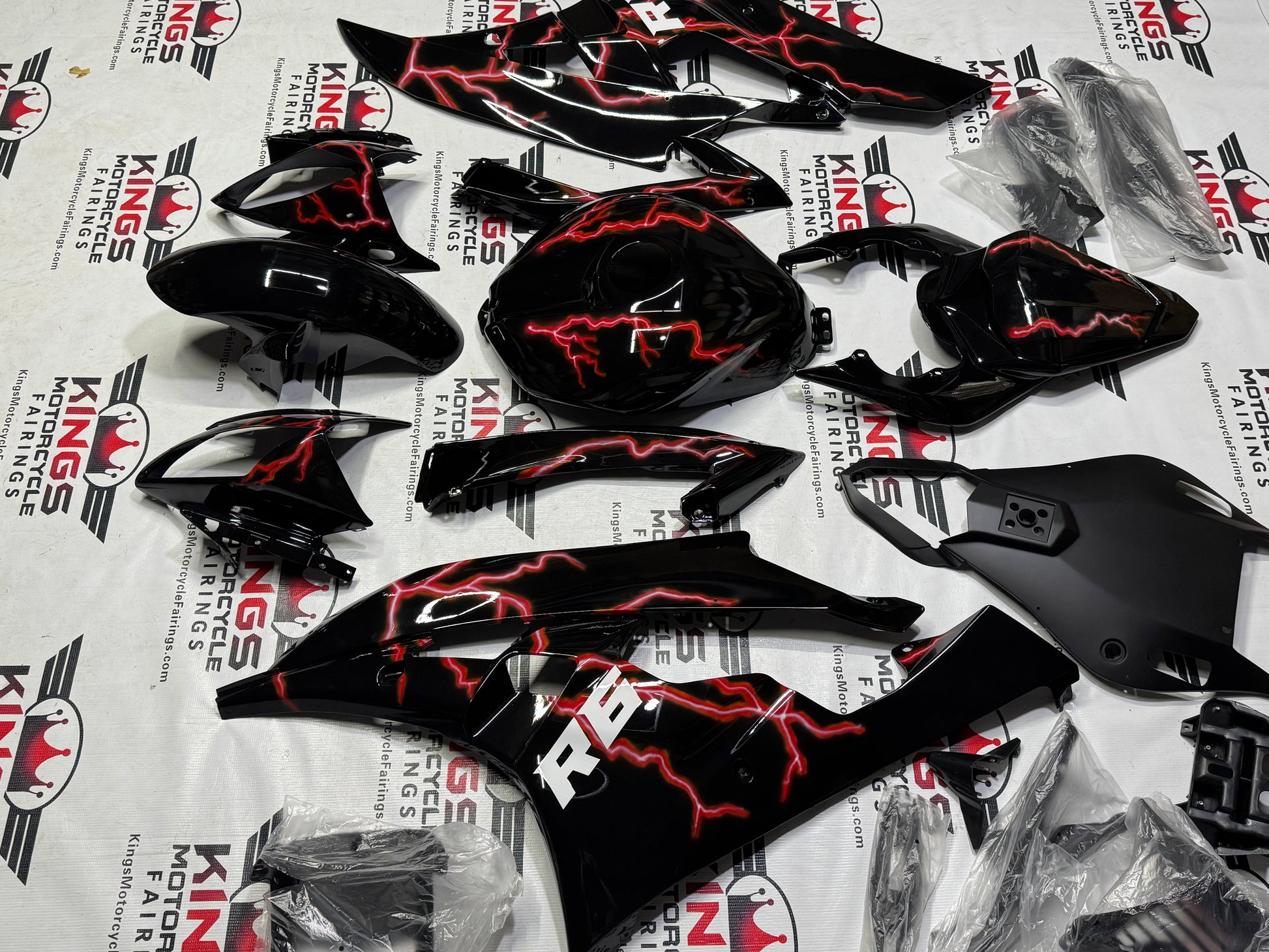Yamaha R6 Fairings (2006-2007) Black, Red Lightning from KingsMotorcycleFairings.com