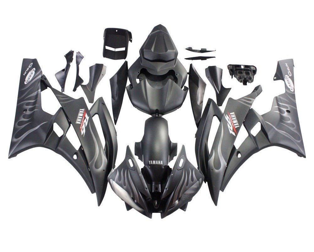 Yamaha R6 Fairings (2006-2007) Matte Black Ghost Flames at KingsMotorcycleFairings.com