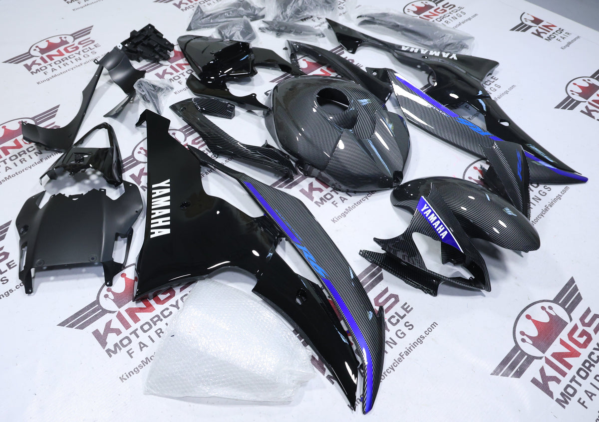 Yamaha R6 Fairings (2008-2016) Faux Carbon Fiber, Black, White, Blue at KingsMotorcycleFairings.com