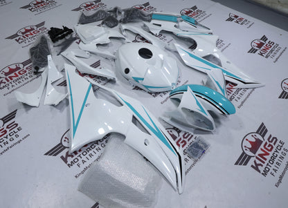 Yamaha R6 Fairings (2008-2016) White, Turquoise Stripes from KingsMotorcycleFairings.com