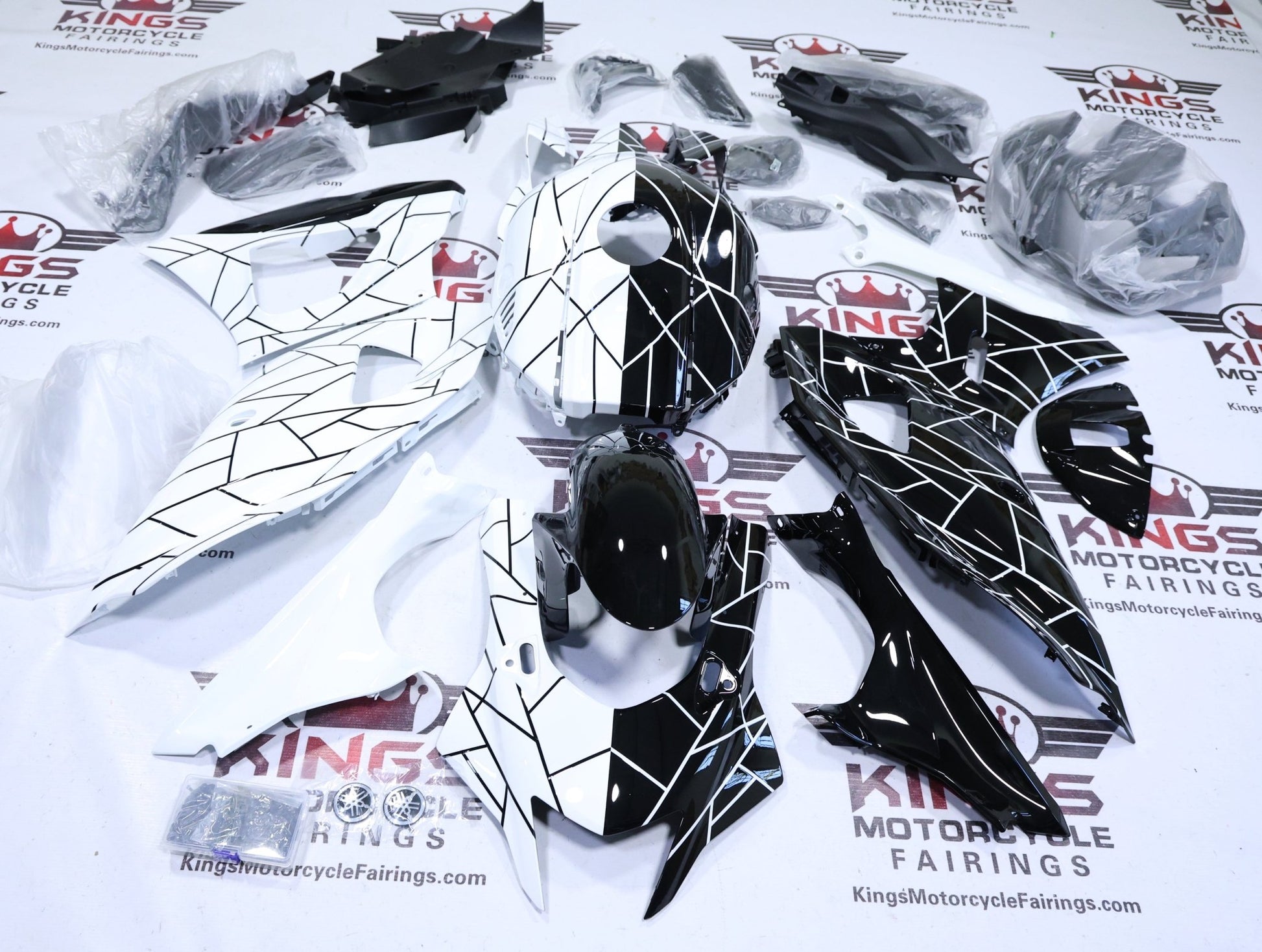 Yamaha R7 Fairings (2021-2024) White, Black Cracks at KingsMotorcycleFairings.com