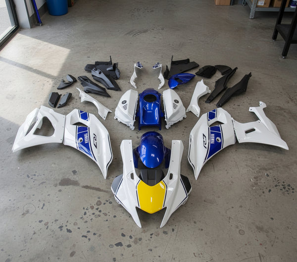Yamaha R7 Fairings (2021-2025) White, Yellow, Blue Stripe at KingsMotorcycleFairings.com