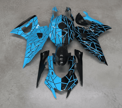 Yamaha R7 Fairings (2021-2025) Black, Light Blue Split Stripes at KingsMotorcycleFairings.com