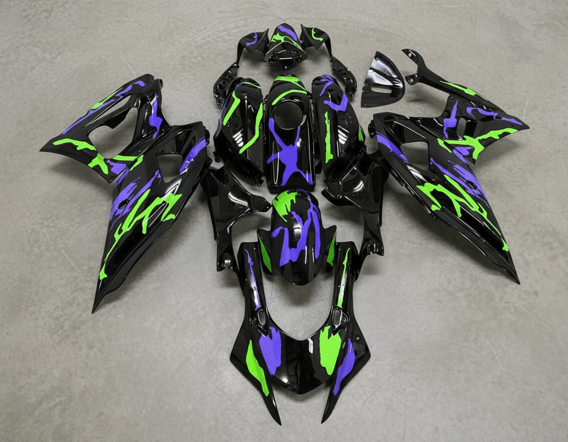 Yamaha R7 Fairings (2021-2025) Black, Purple, Green Graffiti at KingsMotorcycleFairings.com