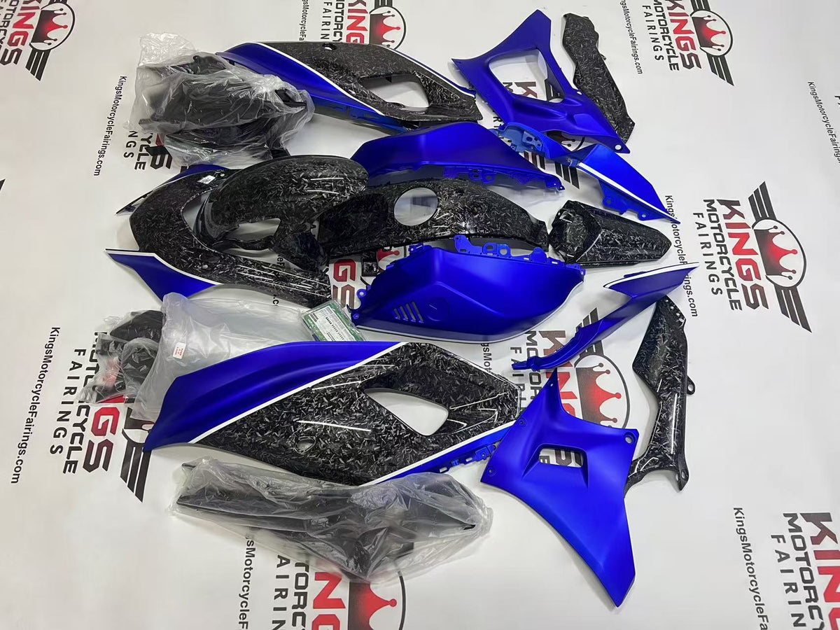 Yamaha R7 Fairings (2021-2025) Faux Forged Carbon Fiber, Blue from KingsMotorcycleFairings.com