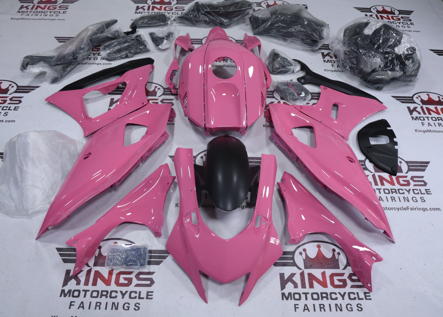 Yamaha R7 Fairings (2021-2025) Pink Gloss, Matte Black from KingsMotorcycleFairings.com