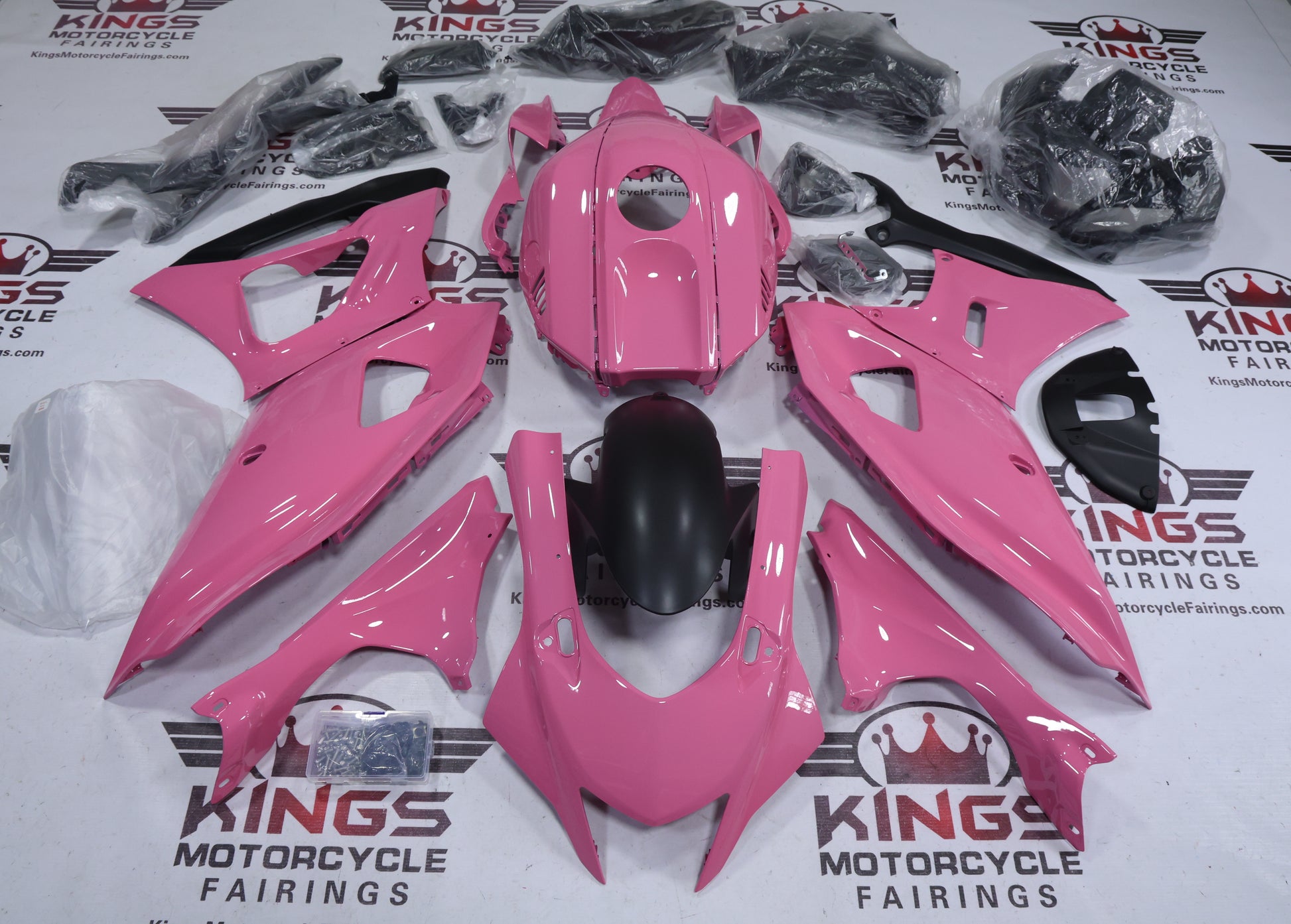 Yamaha R7 Fairings (2021-2025) Pink Gloss, Matte Black from KingsMotorcycleFairings.com