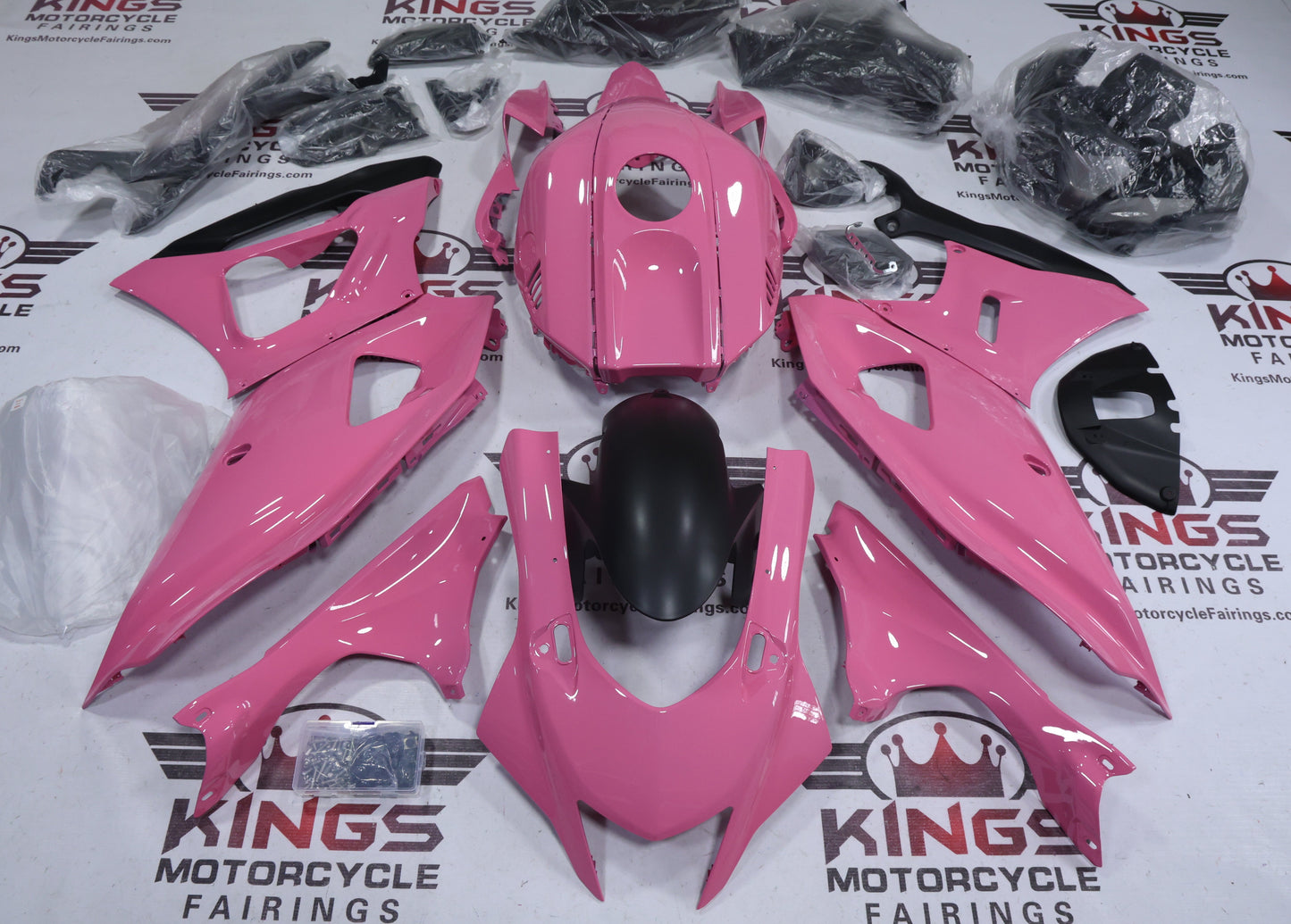 Yamaha R7 Fairing Kit (2021-2025) Pink Gloss, Matte Black from KingsMotorcycleFairings.com
