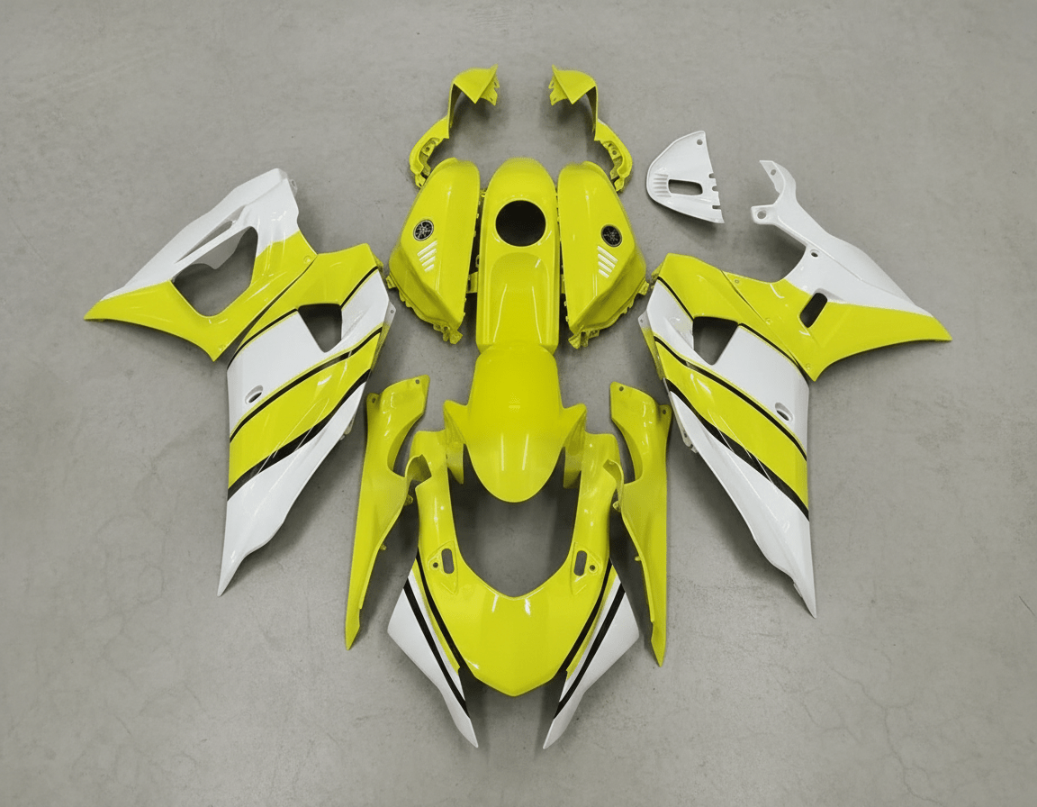 Yamaha R7 Fairings (2021-2025) Yellow, White, Black Stripe at KingsMotorcycleFairings.com