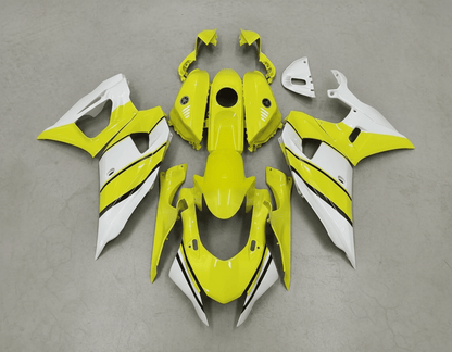 Yamaha R7 Fairings (2021-2025) Yellow, White, Black Stripe at KingsMotorcycleFairings.com