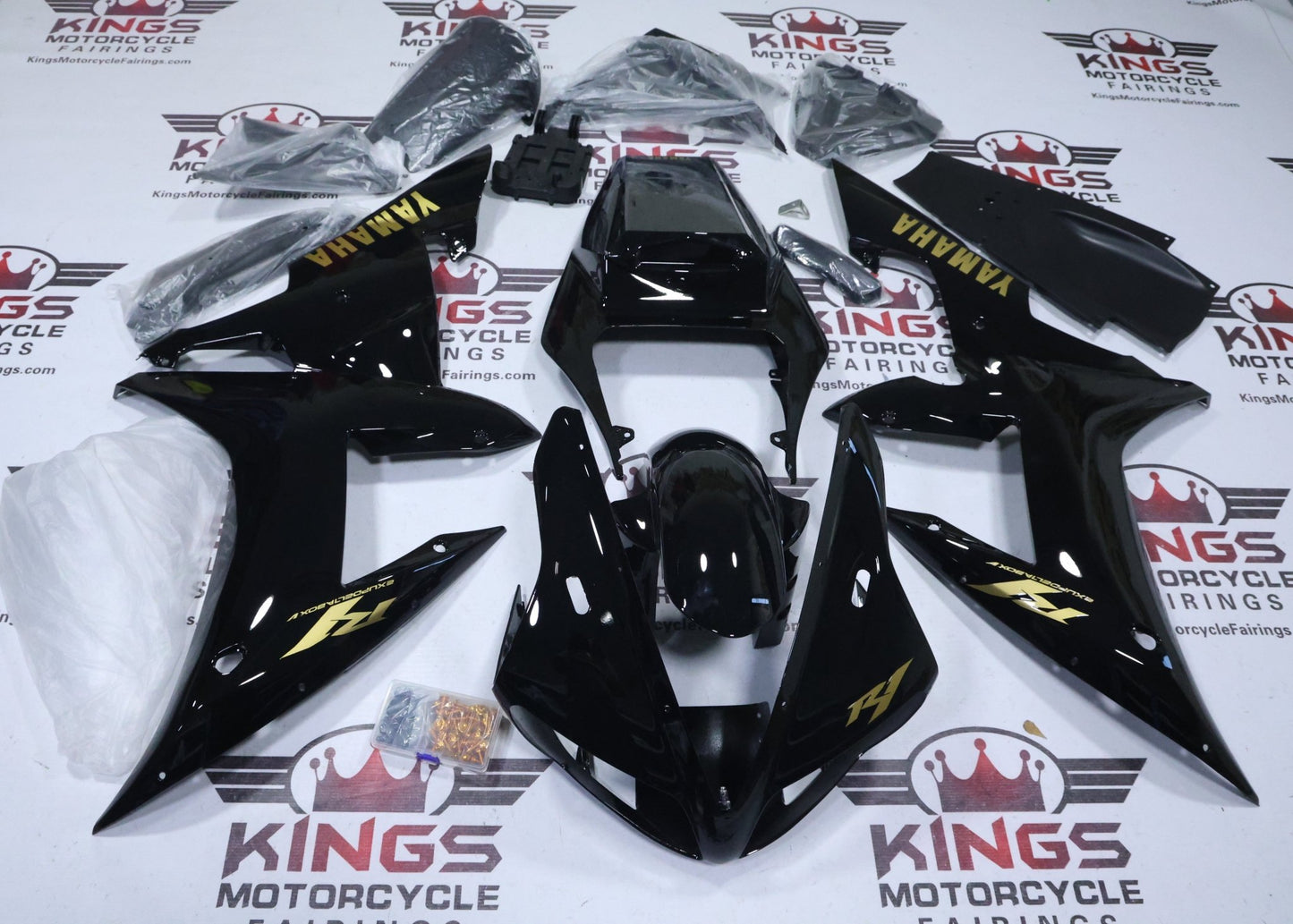 Yamaha YZF-R1 Fairings (2002-2003) Black, Gold Gloss at KingsMotorcycleFairings.com